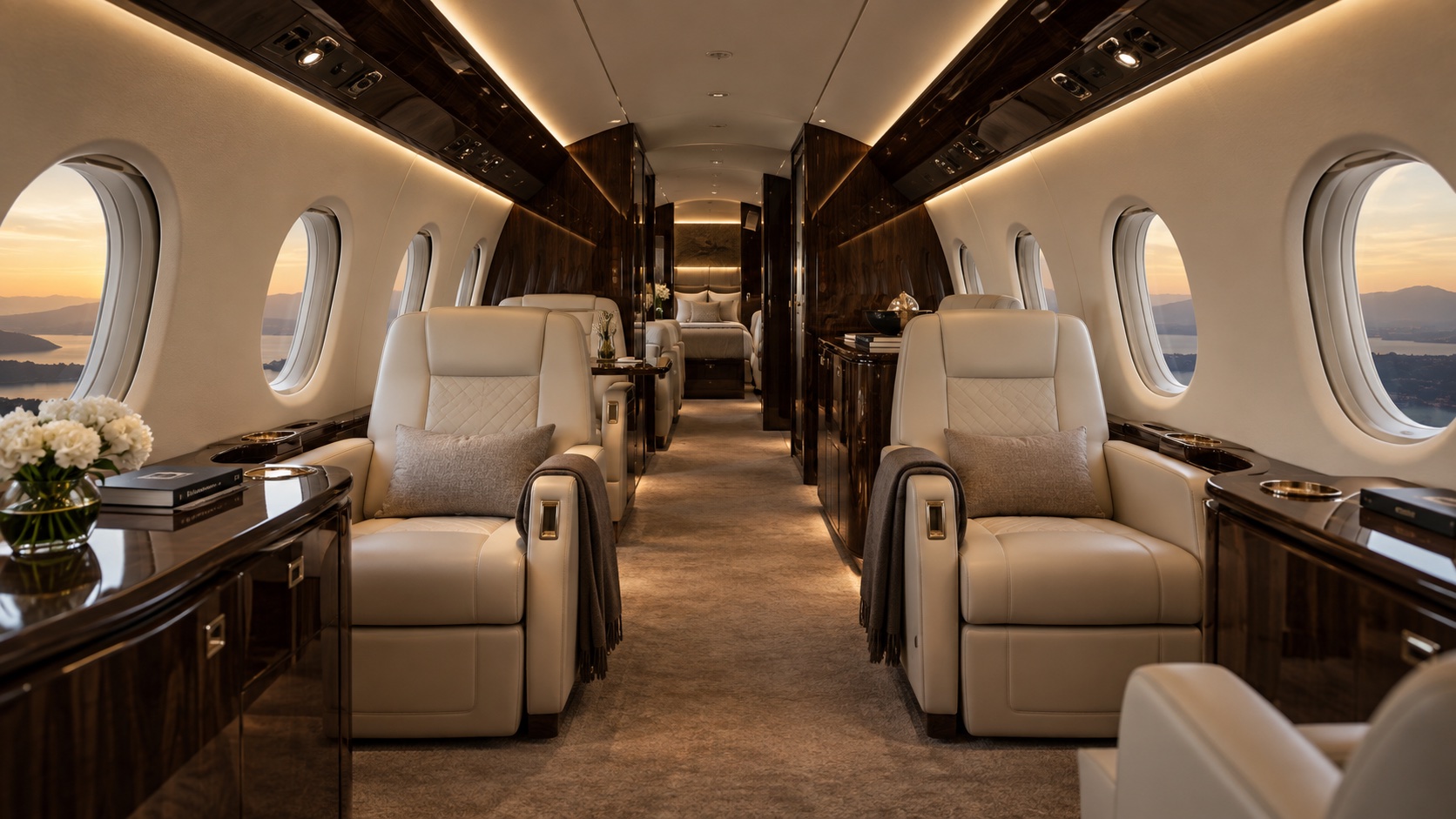 A quiet private jet cabin with cream leather armchairs